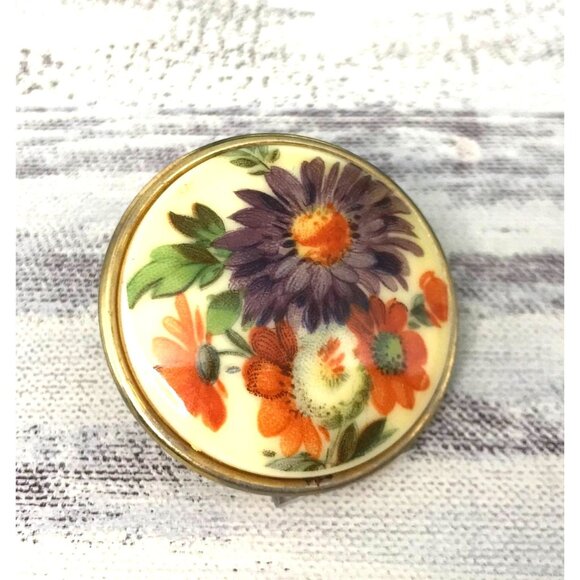 Vintage Floral Enamel Brooch Pin With Gold-Tone Backing & Purple-Orange Daisy De - Picture 2 of 4